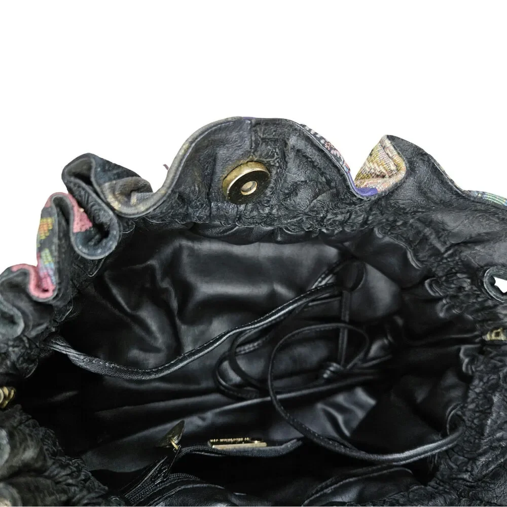 80s Black Leather Patchwork Ruched Reversible Cross Body Clutch Tassle Viva Bag